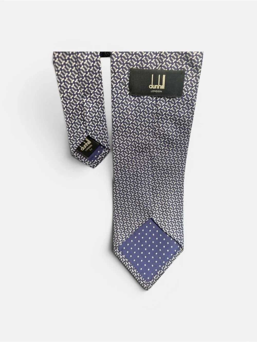 Dunhill London 100% Silk Tie Navy & White Geometric Micro Pattern Italy + Box